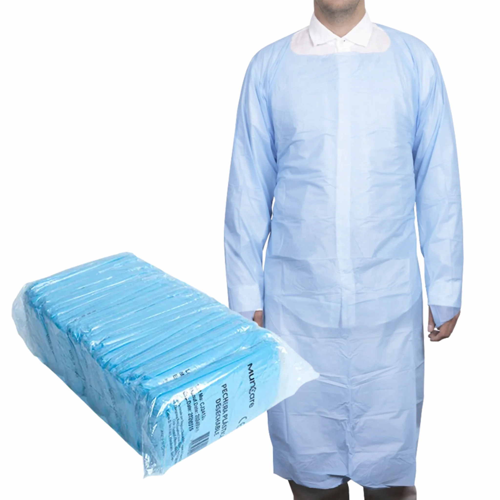 Pechera Polietileno Azul Desechable con Mangas y Ojal. Insumos Médicos
