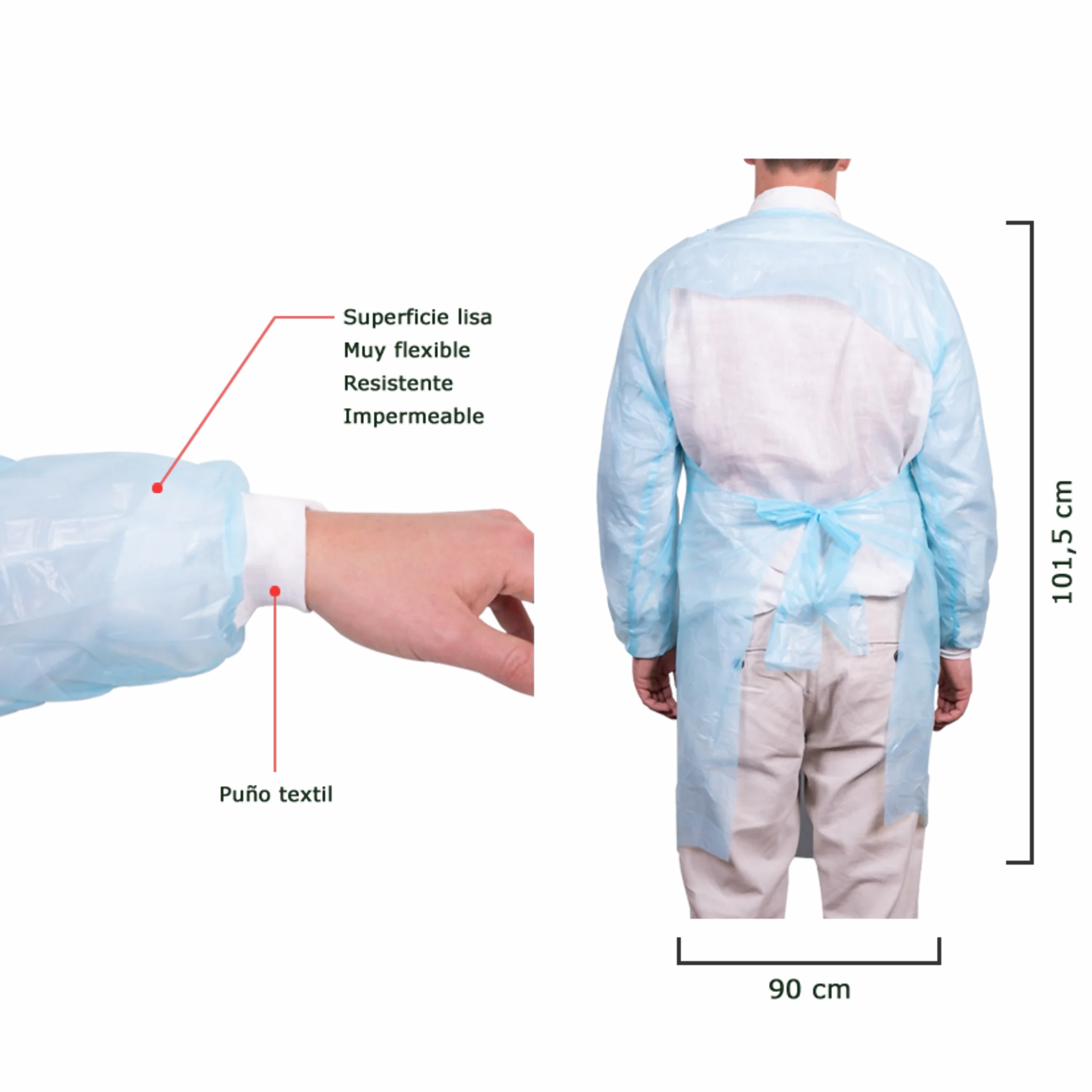 Pechera Polietileno Azul Desechable con Mangas y Puño. Insumos Médicos