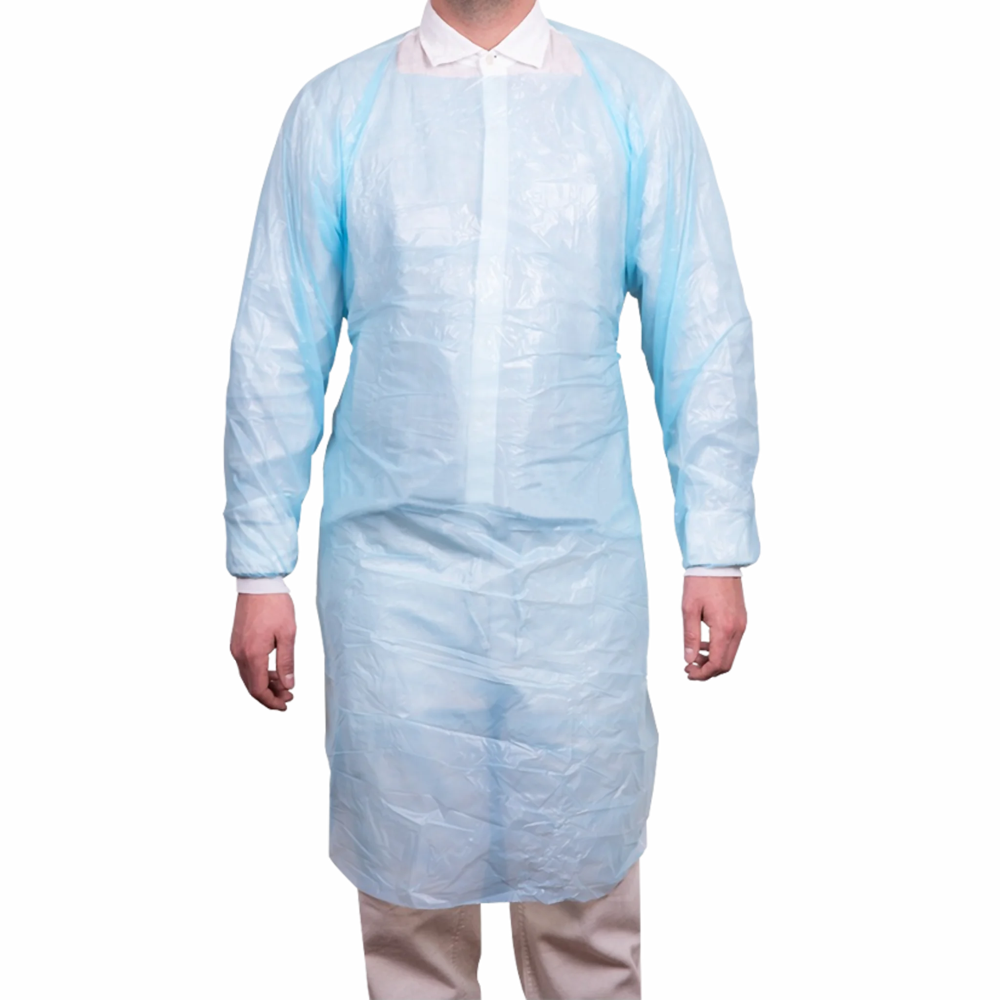 Pechera Polietileno Azul Desechable con Mangas y Puño. Insumos Médicos