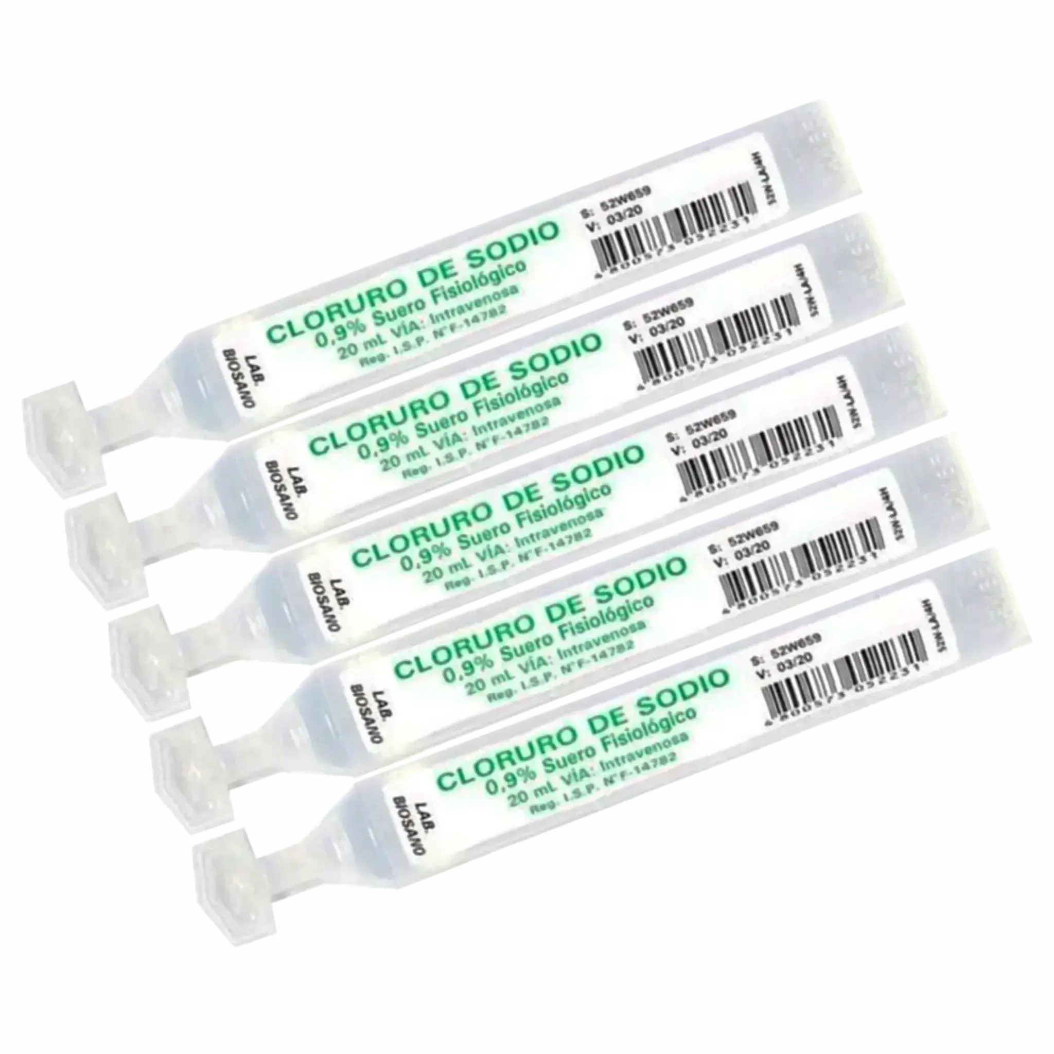 Suero Fisiológico ampolla 0.9% 20ml. Plástico. Insumos Médicos