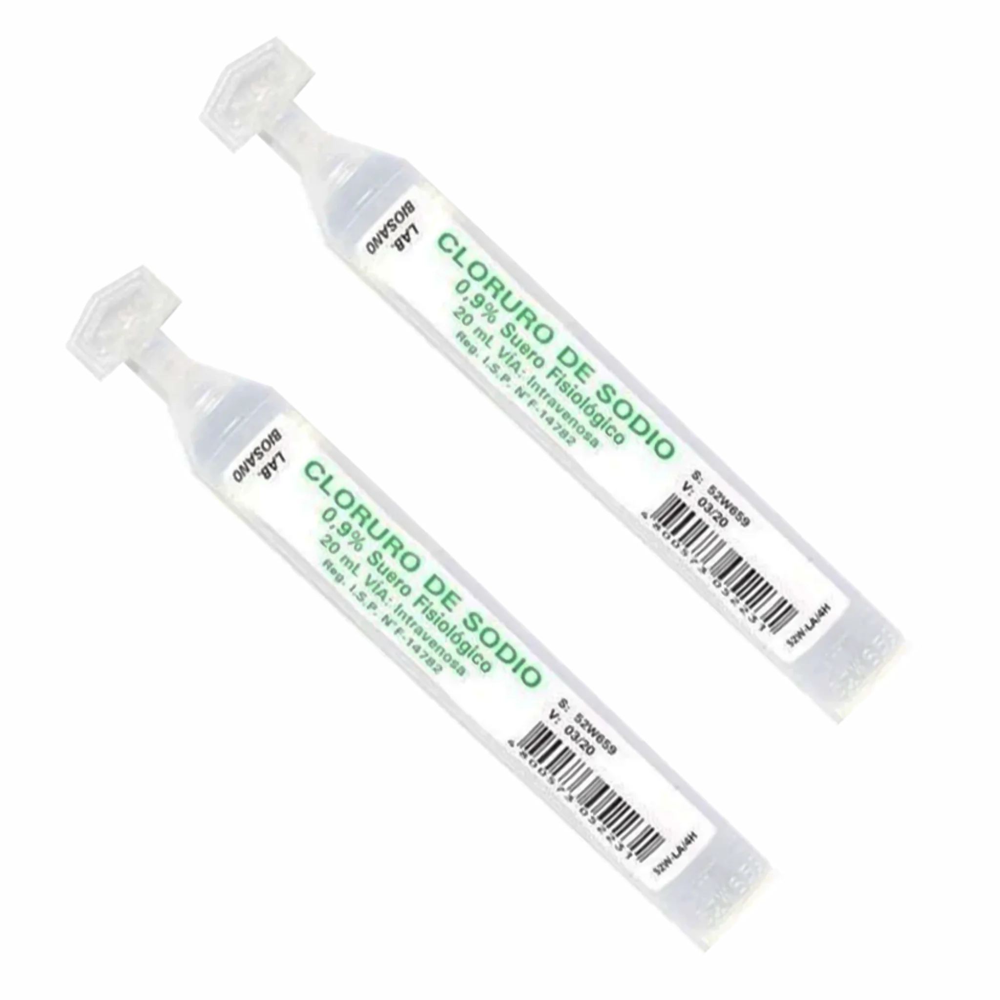 Suero Fisiológico ampolla 0.9% 20ml. Plástico. Insumos Médicos