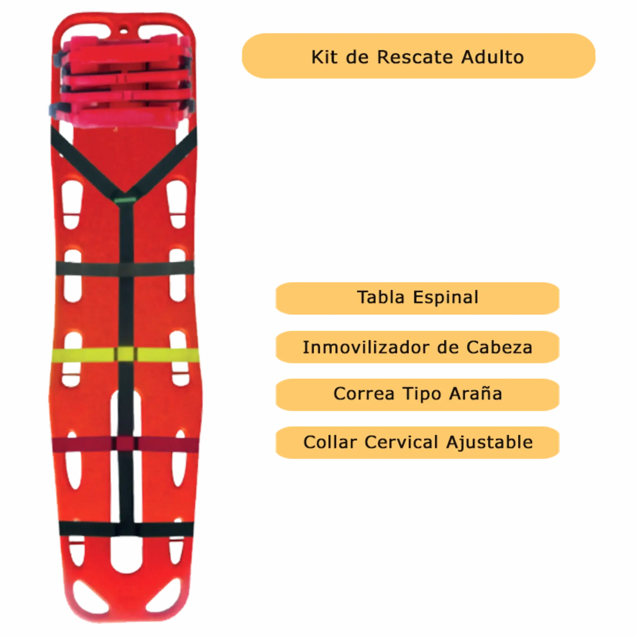 Kit de Rescate - tabla - inmovilizador de cabeza - collar cervical - correas de sujeción adulto. Rescate y Emergencias