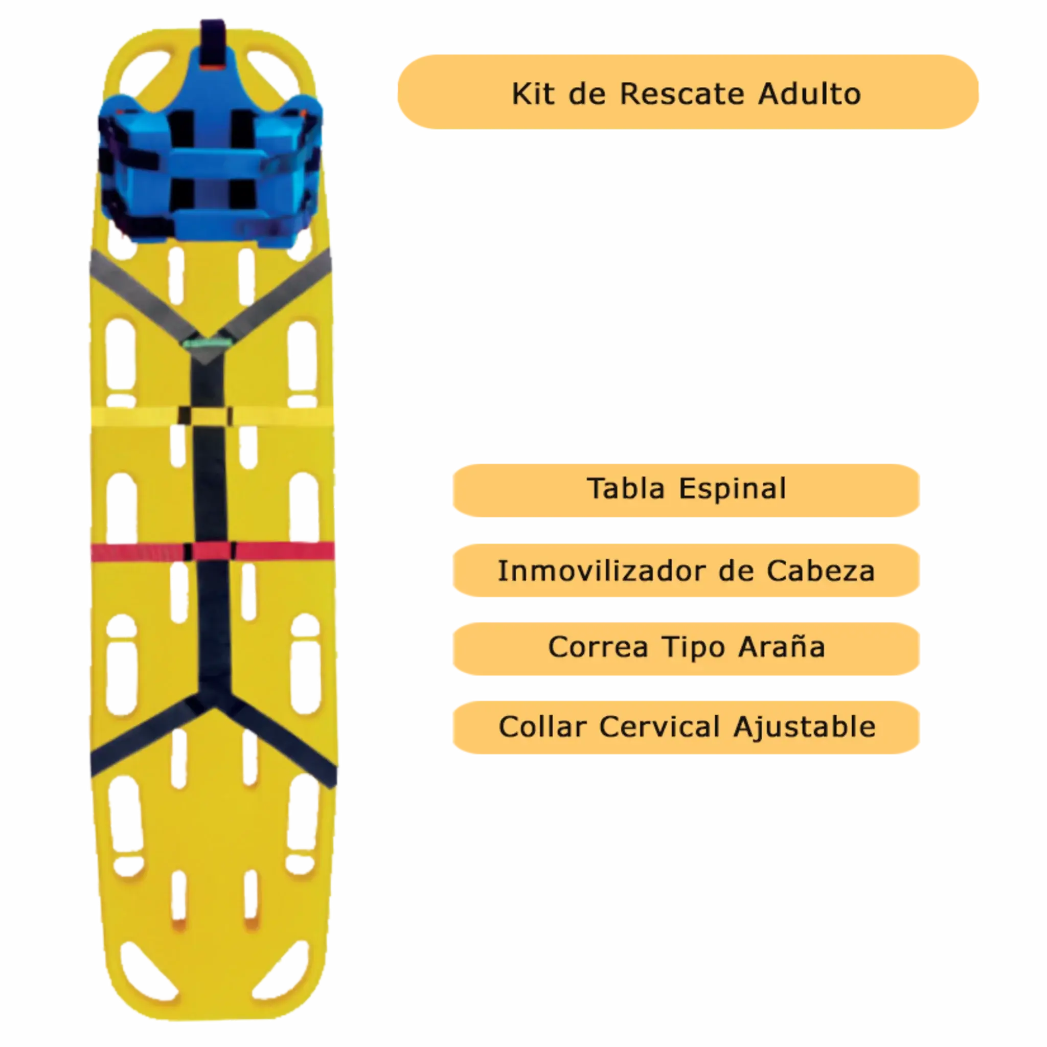 Kit de Rescate - tabla - inmovilizador de cabeza - collar cervical - correas de sujeción pediátrico. Rescate y Emergencias