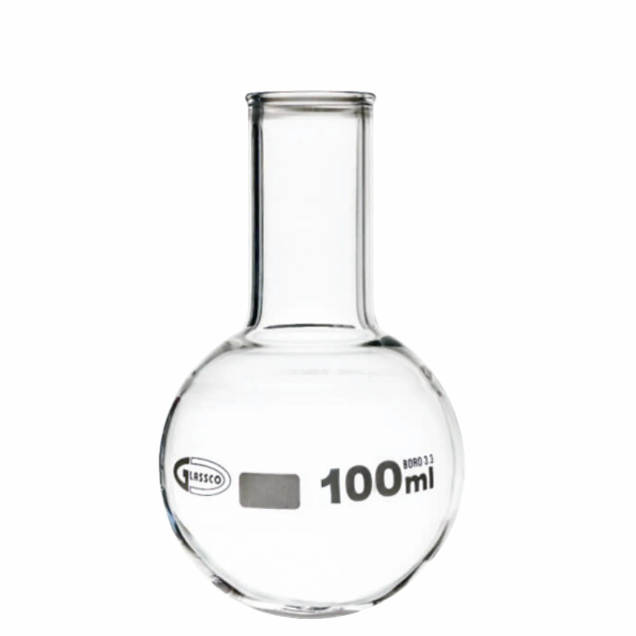 Matraz balón fondo redondo graduado 100ml. Glassco. Insumos de Vidrio para Laboratorio