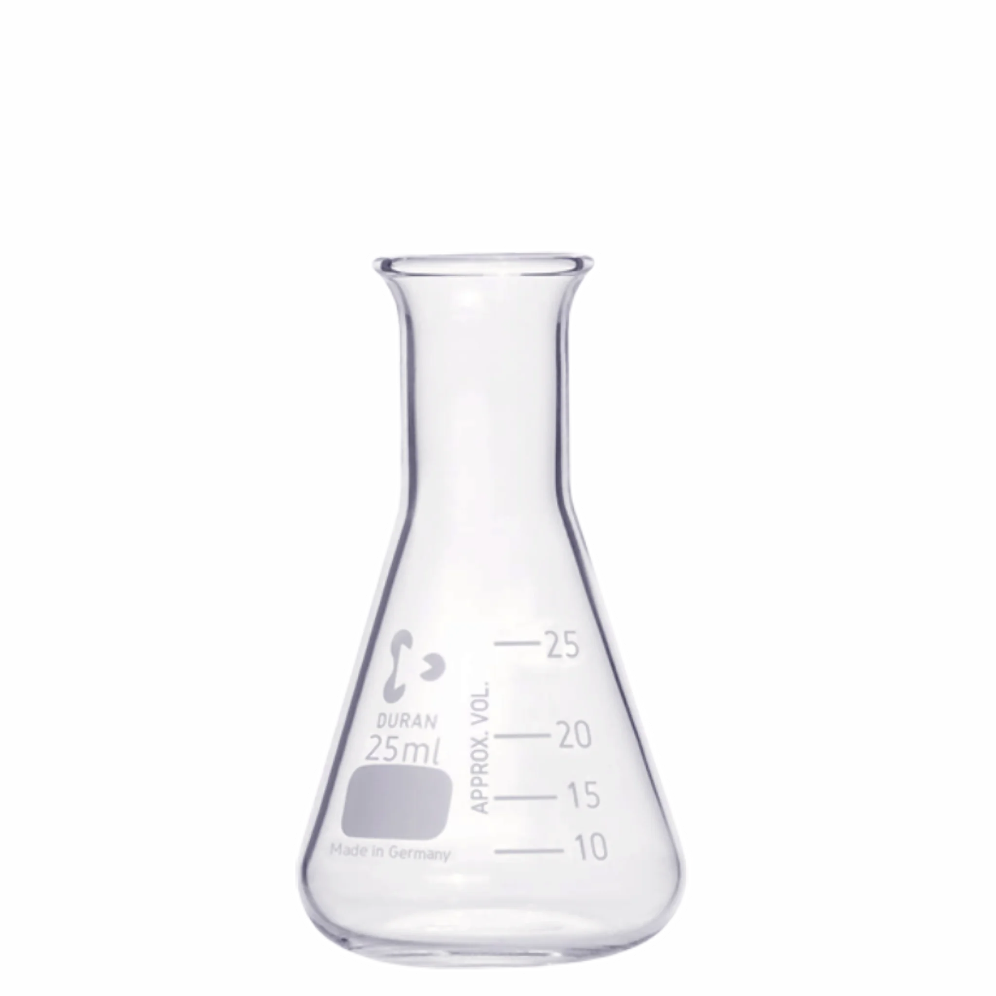 Matraz erlenmeyer 25ml. boca angosta graduado. DWK. Insumos de Vidrio para Laboratorio