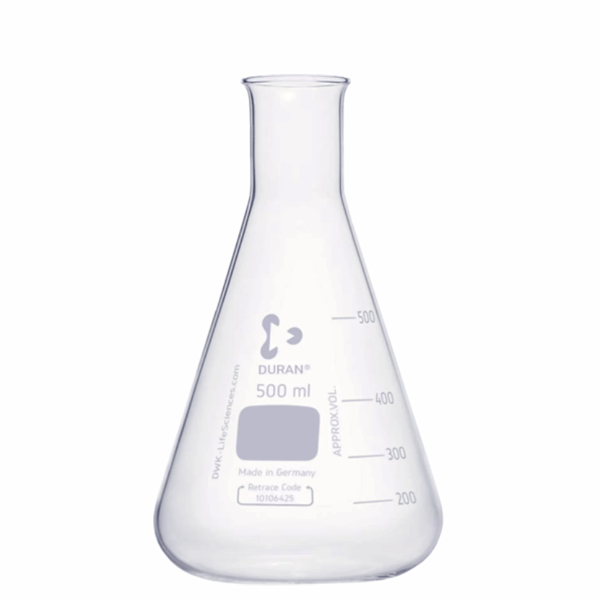 Matraz erlenmeyer 500ml. boca angosta graduado. DWK. Insumos de Vidrio para Laboratorio