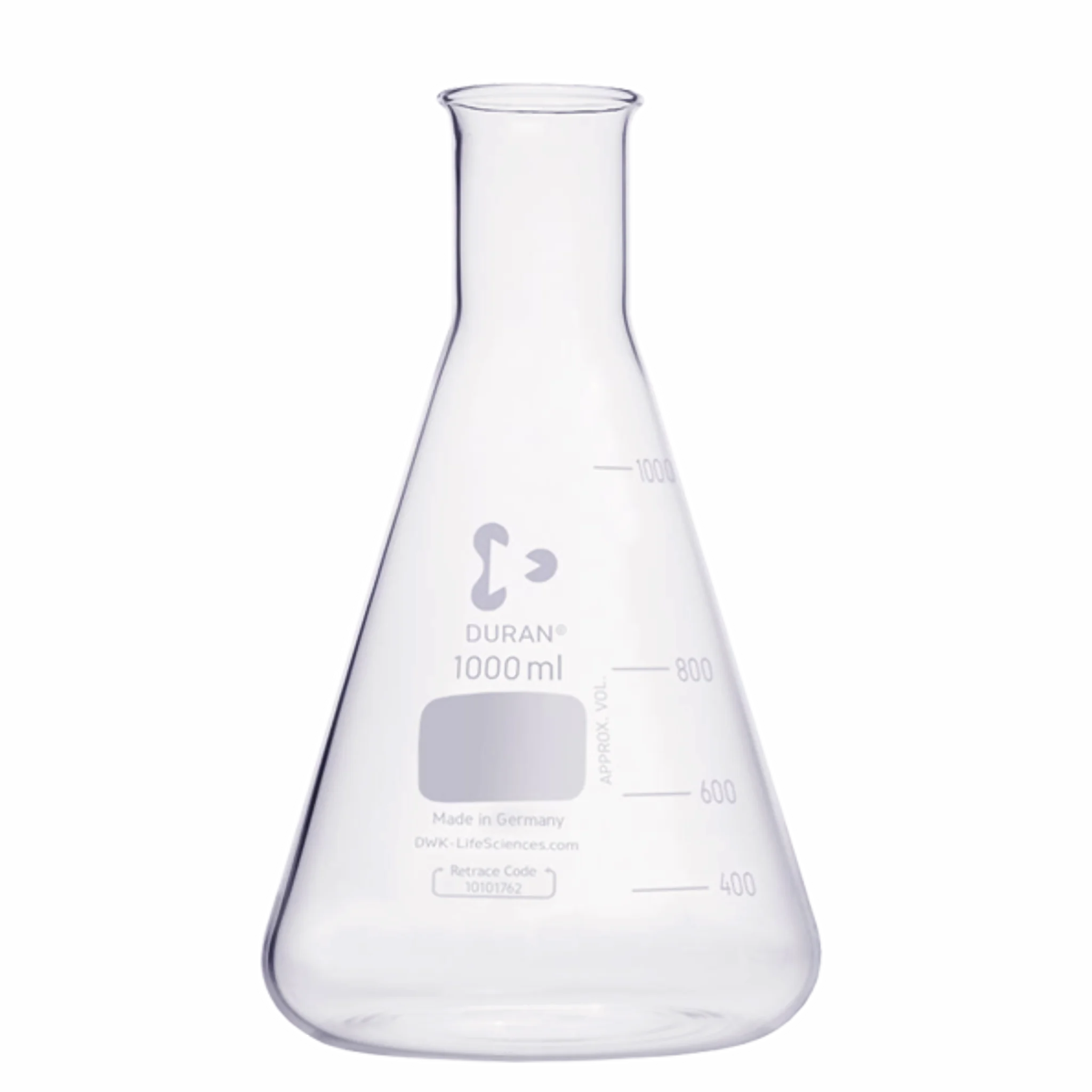 Matraz erlenmeyer 1000ml. boca angosta graduado. DWK. Insumos de Vidrio para Laboratorio