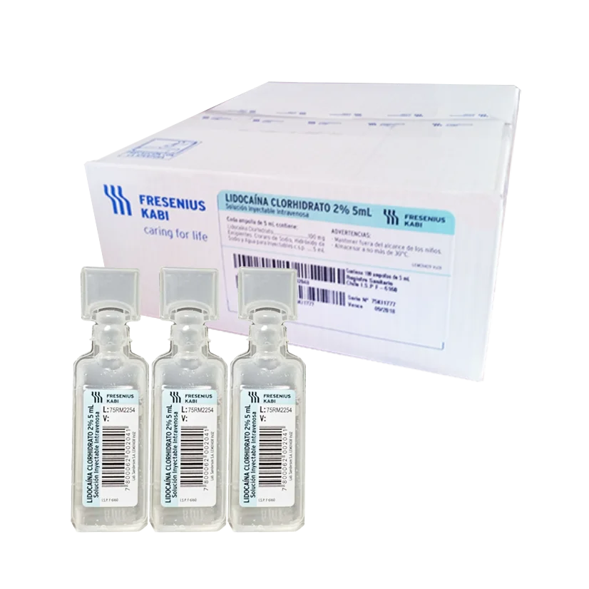 Anestesia Lidocaína Al 2% - sin VC ampolla 5ml. inyectable tubo plástico Fresenius Caja x 100u. - Induslab