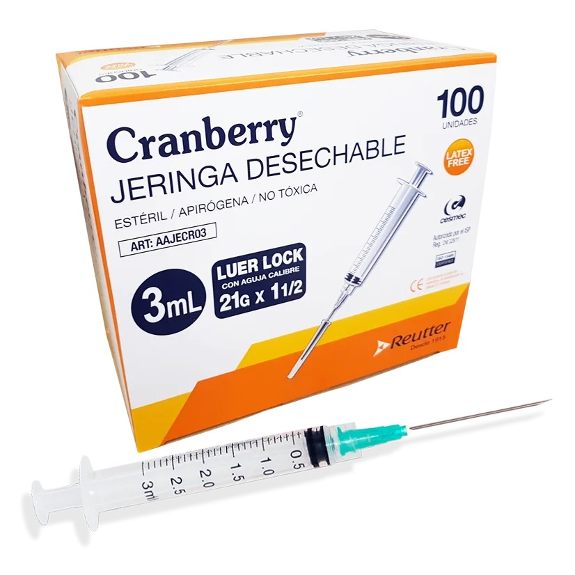 Jeringa 3cc. 21G x 1 1/2 Cranberry Caja x 100u. - Induslab
